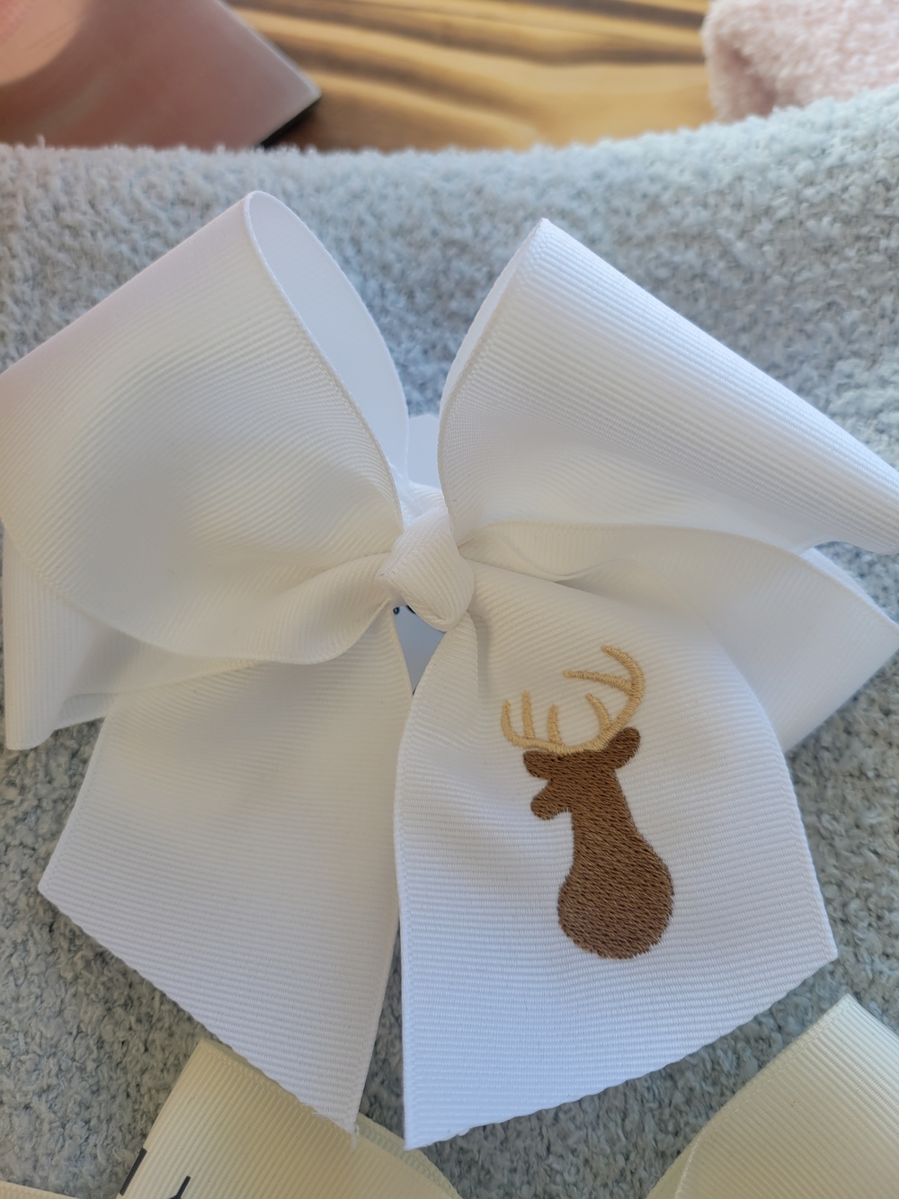 White Kids Hair Bow with Brown Deer Embroidery